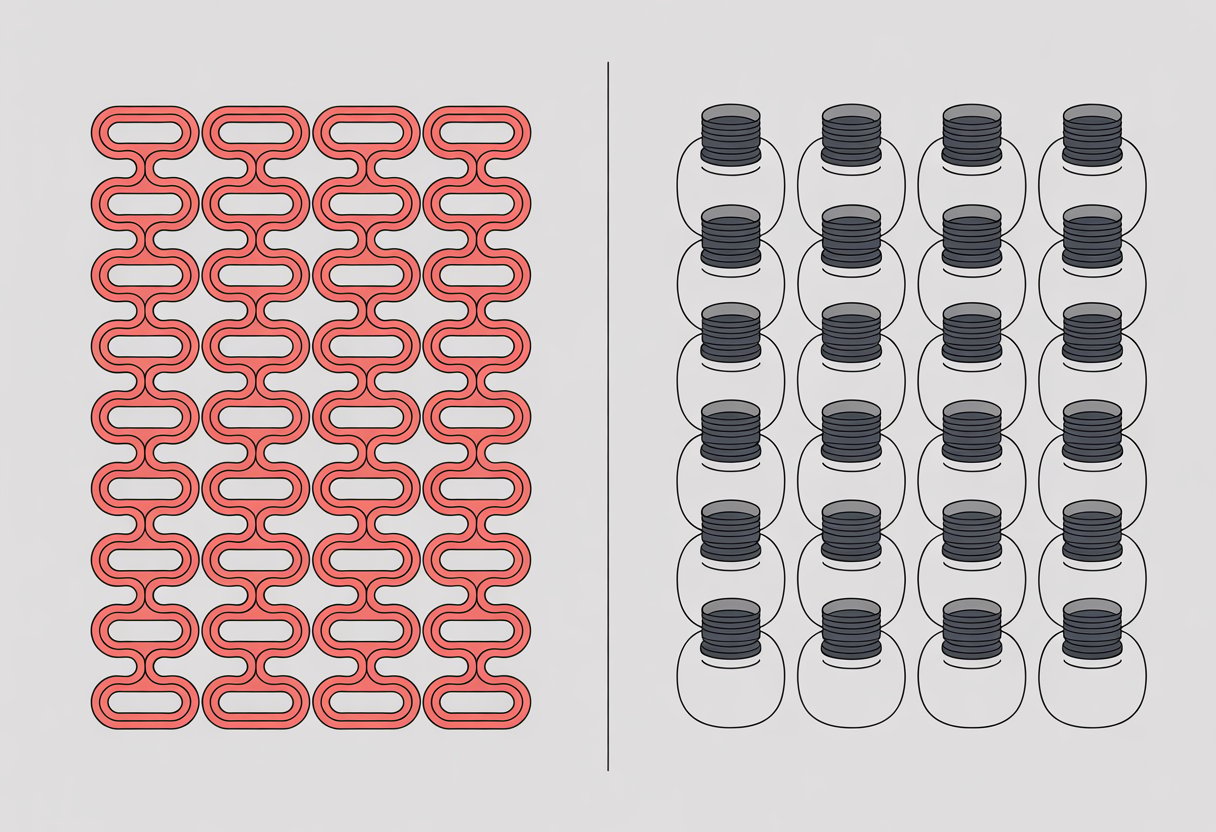 A split image showing two mattress coil designs side by side: continuous connected coils on the left and individual pocket coils on the right.