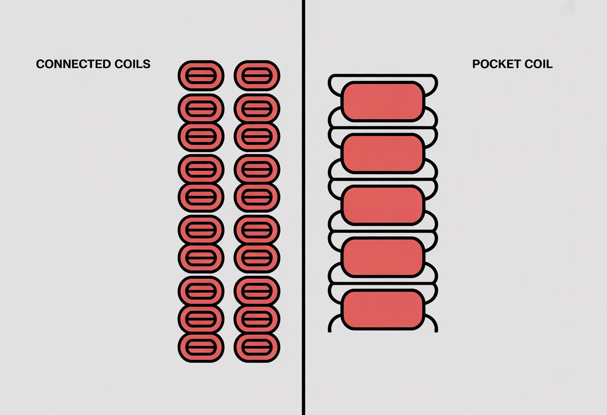 A split image showing two types of mattress coils: interconnected springs on the left and individual springs enclosed in pockets on the right.