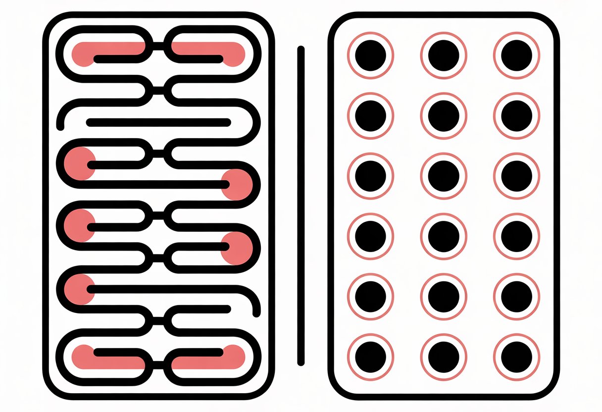 A split image showing two mattress cross-sections side by side: one with connected coils linked together, and the other with individual pocket coils separated in their own pockets.