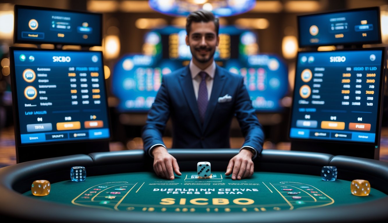 Seorang dealer profesional sedang memimpin permainan Sicbo online secara langsung di meja kasino modern dengan layar dan alat taruhan digital.