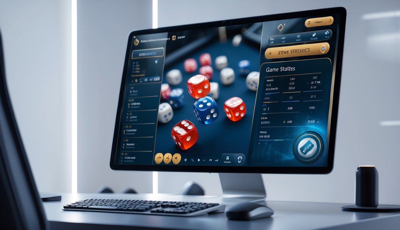 Tampilan layar komputer menampilkan permainan Sicbo online dengan animasi dadu dan panel statistik putaran lengkap.