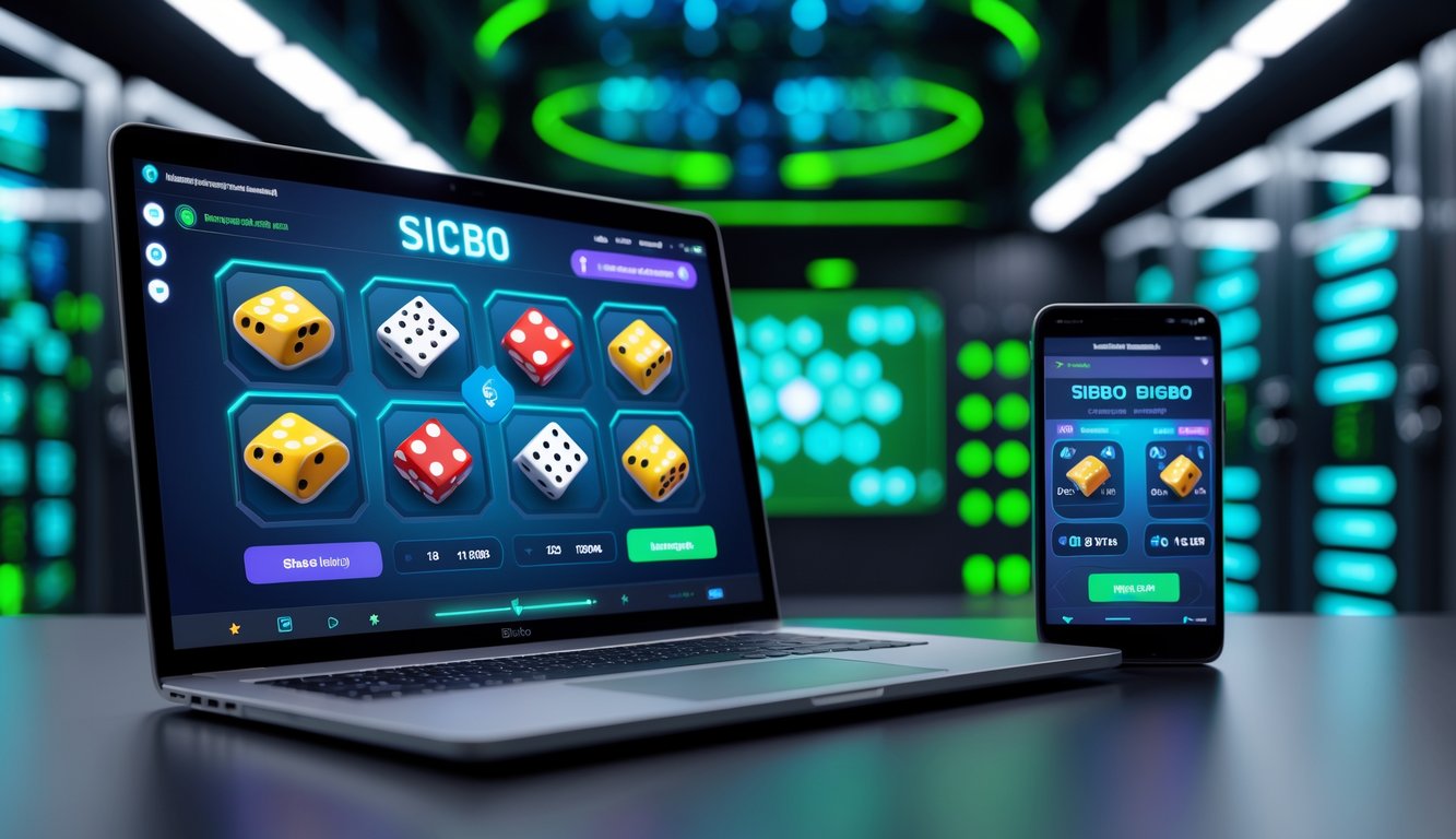 Tampilan perangkat laptop dan smartphone yang menunjukkan permainan Sicbo online dengan latar belakang ruang server digital yang modern dan stabil.