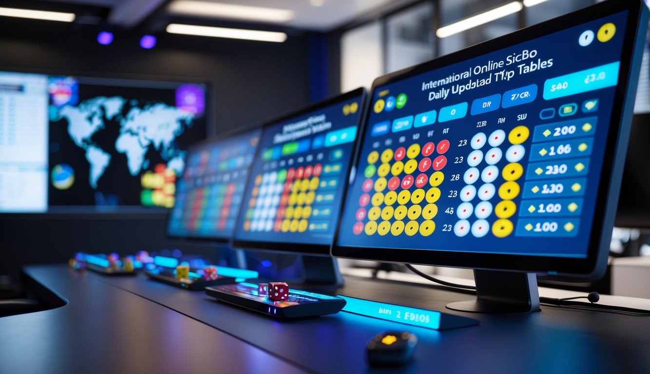 Tampilan meja permainan Sicbo online internasional dengan antarmuka digital dan latar belakang kantor modern.
