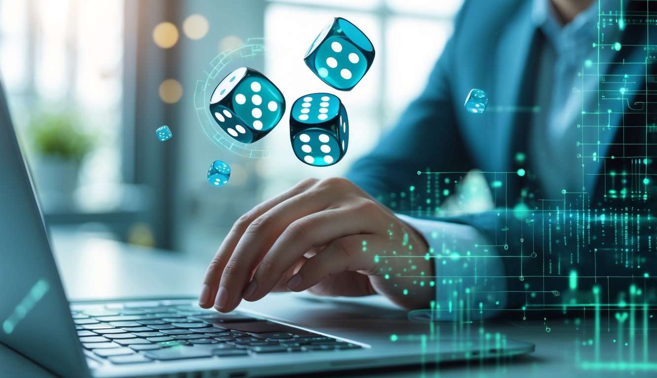 Seseorang menggunakan perangkat digital untuk bermain permainan dadu Sic Bo secara online di lingkungan yang modern dan terpercaya.