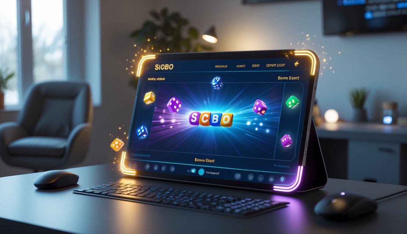 Sebuah setup permainan Sicbo online dengan tampilan digital yang menampilkan dadu dan ikon bonus di layar komputer di ruangan yang nyaman.