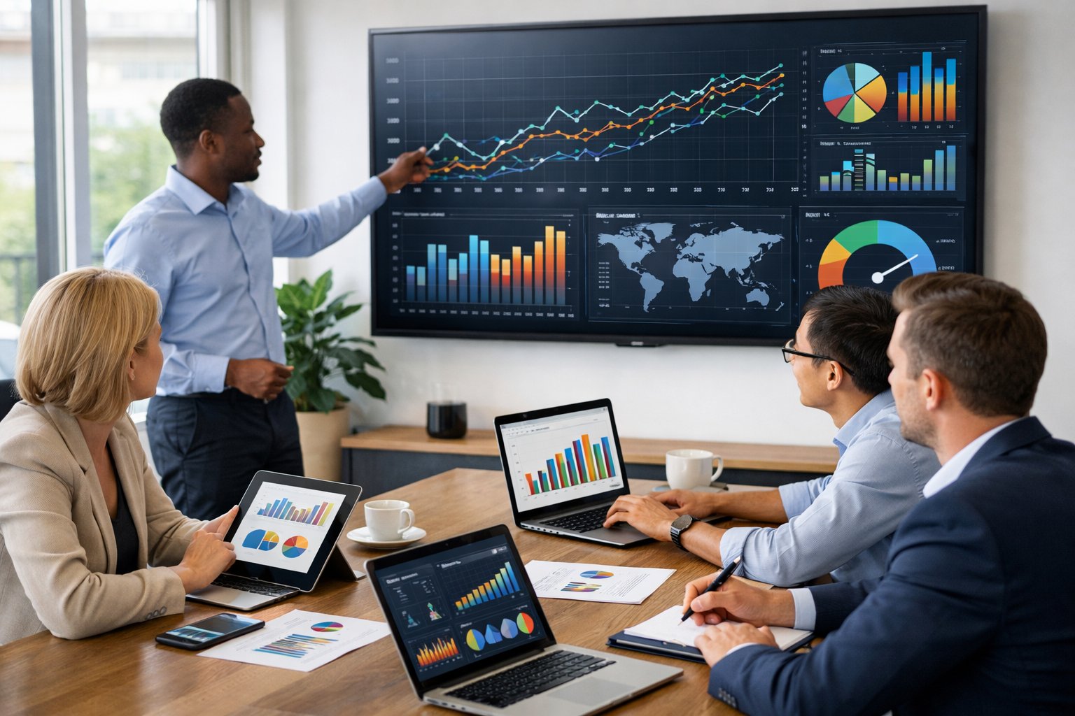 Un groupe de professionnels travaillant ensemble autour d'une table avec des appareils numériques affichant des graphiques et des données statistiques dans un bureau moderne lumineux.