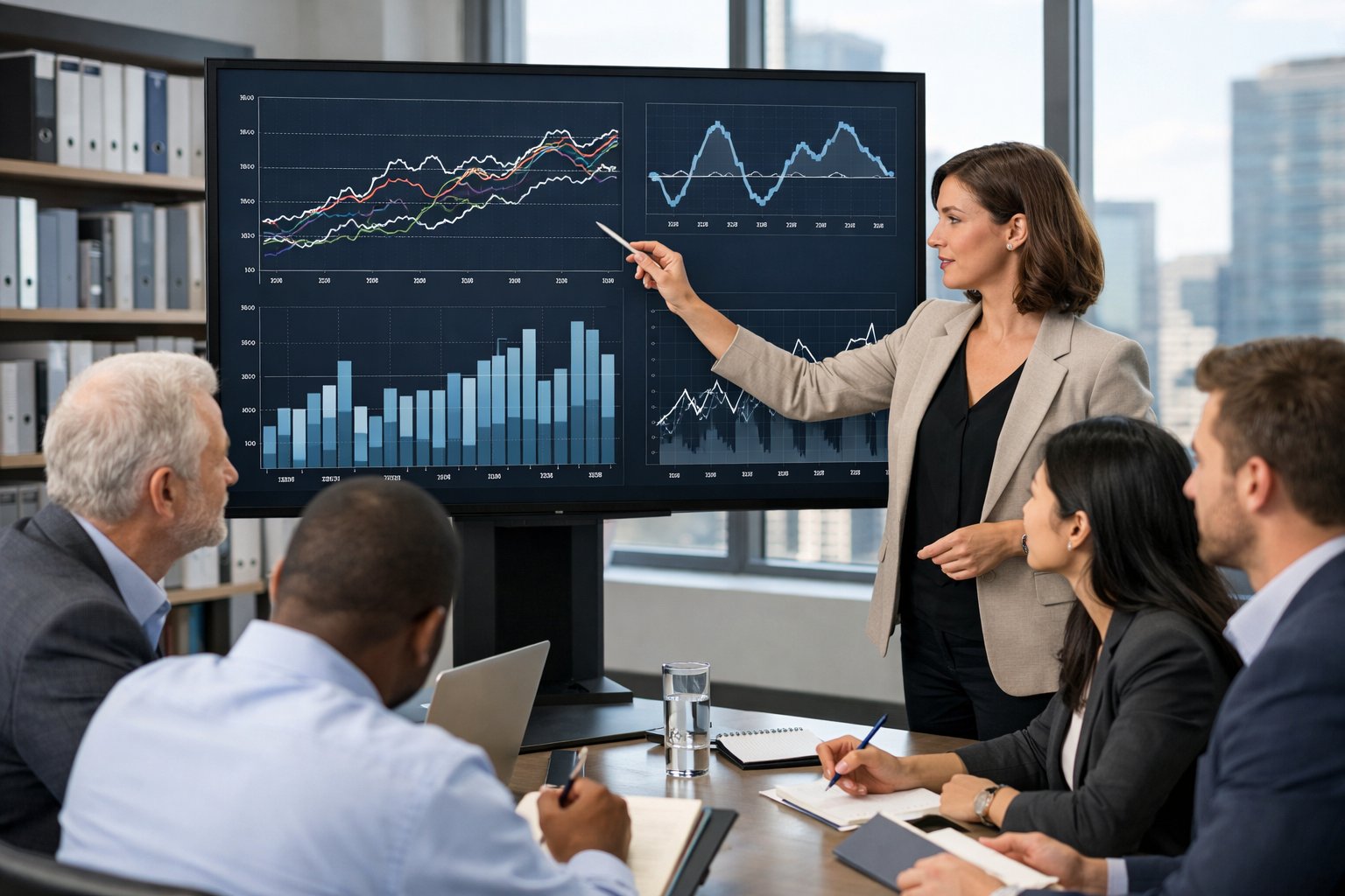 Un groupe de professionnels en réunion dans un bureau moderne, analysant des graphiques financiers sur un grand écran numérique.