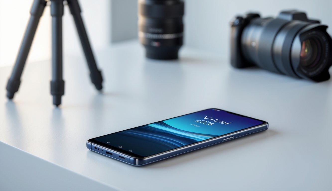 Sebuah smartphone modern berdesain ramping diletakkan di atas permukaan putih dengan pencahayaan alami, dikelilingi elemen terkait teknologi seperti lensa kamera dan tripod kecil.