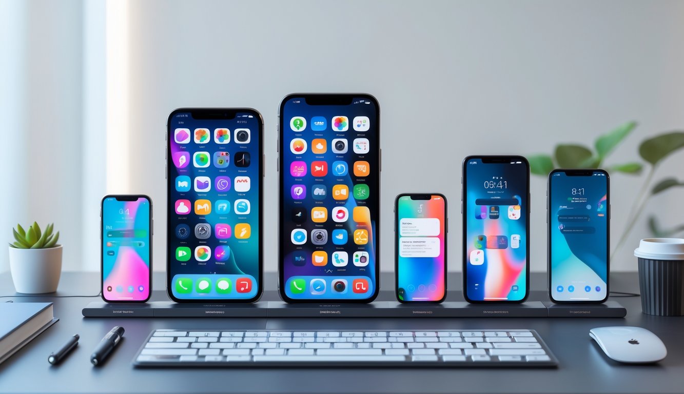 Lima ponsel pintar terbaru tahun 2026 tersusun rapi di meja kerja dengan aplikasi media sosial terbuka, dikelilingi perlengkapan kerja seperti keyboard dan cangkir kopi.