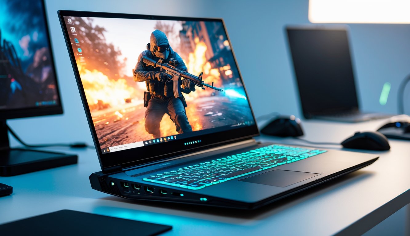 Laptop gaming modern menyala dengan permainan FPS di layar, di atas meja dengan mouse dan keyboard gaming.