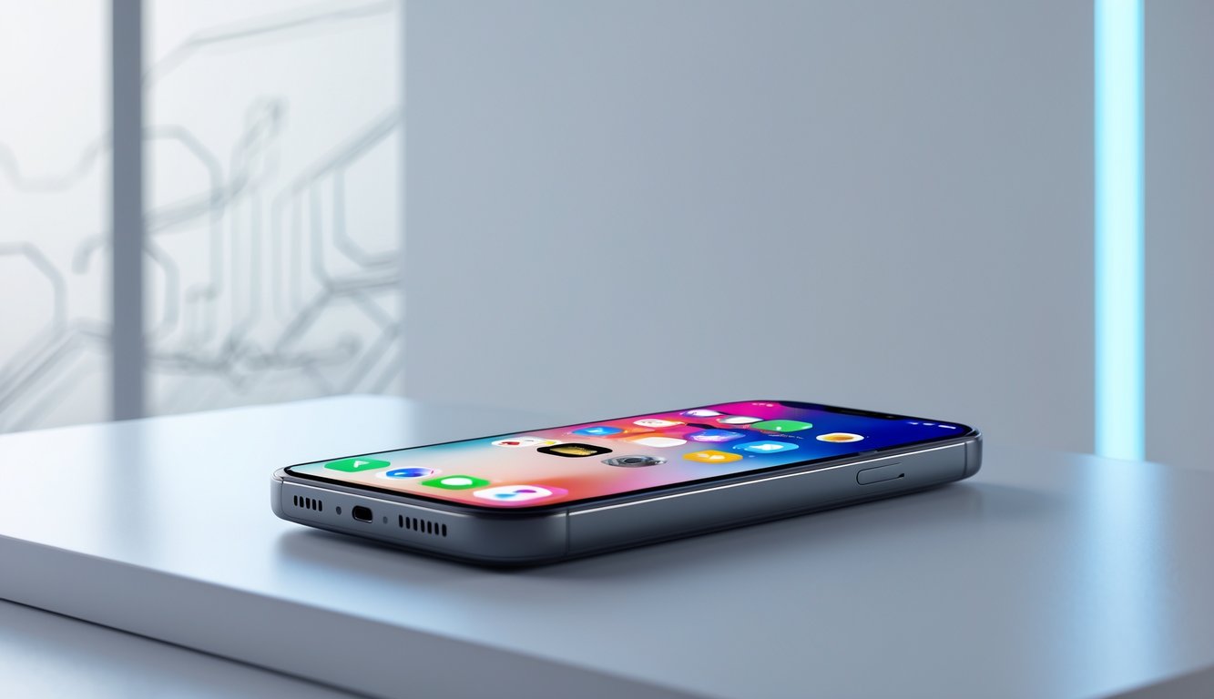 Sebuah ponsel modern dengan layar menyala yang menunjukkan ikon aplikasi dan indikator baterai penuh, diletakkan di atas permukaan minimalis dengan latar belakang cerah dan elemen teknologi samar.