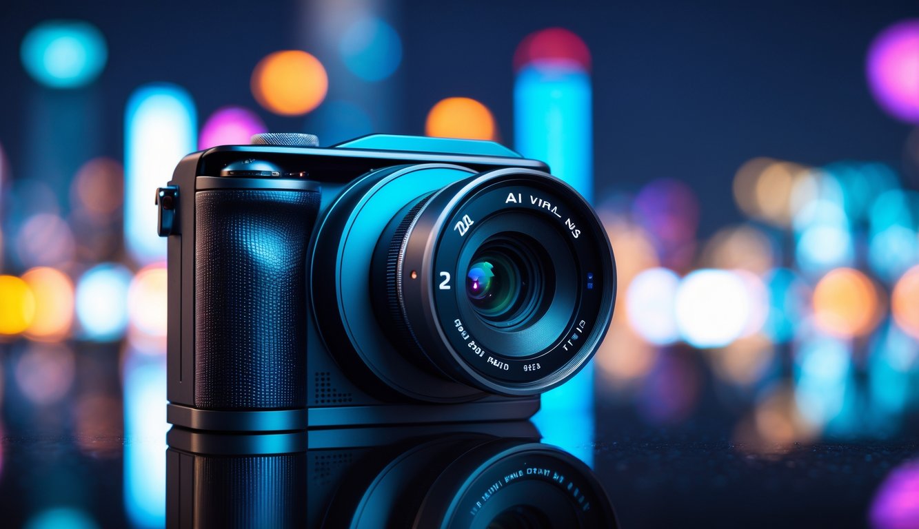 Sebuah kamera digital futuristik di atas permukaan reflektif dengan latar belakang pemandangan kota malam yang terang dan berwarna-warni.