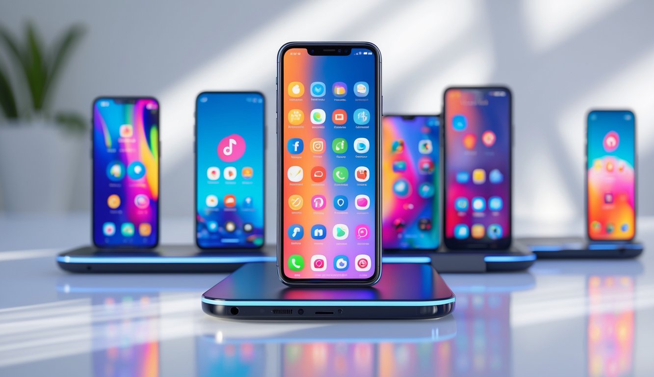 Beberapa ponsel pintar terbaru di atas meja putih dengan layar menyala menampilkan ikon aplikasi dan antarmuka media sosial.