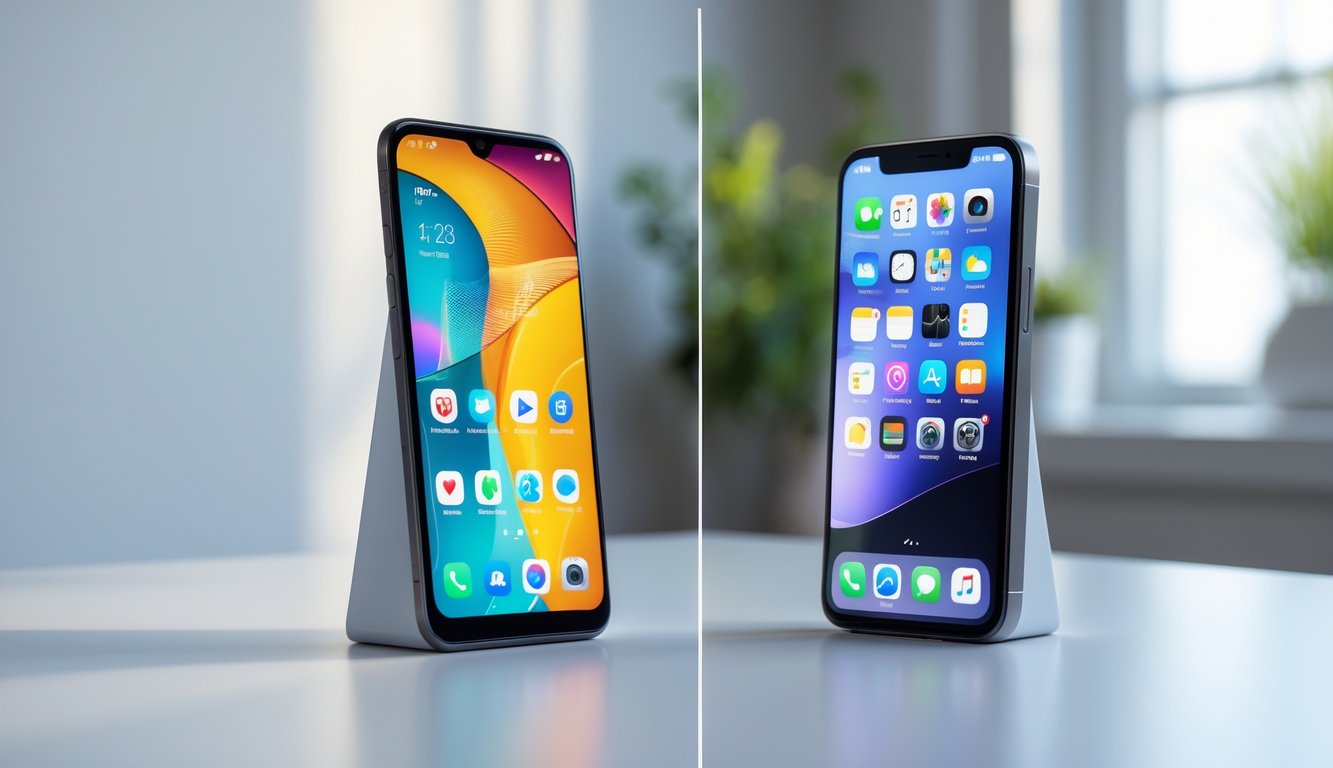 Dua smartphone modern berdampingan di atas meja putih, satu HP Viral 2026 dan satu iPhone, menampilkan layar cerah dan desain terbaru.