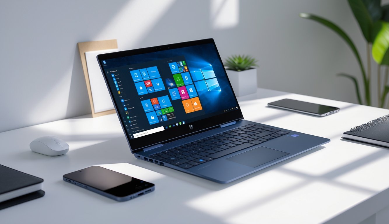 Laptop HP modern dengan layar menampilkan beberapa aplikasi terbuka, diletakkan di meja kerja yang rapi dengan aksesori teknologi di sekitarnya.