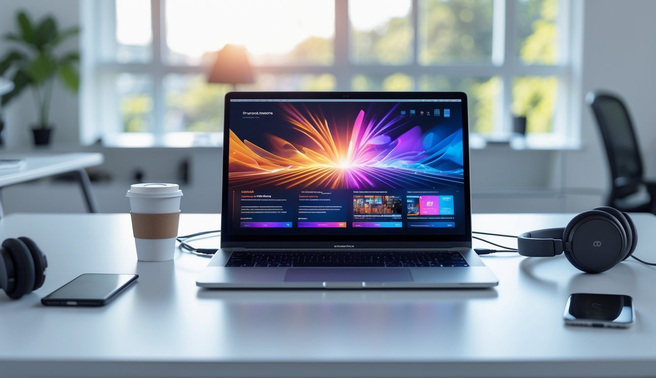 Laptop modern terbuka di atas meja kerja dengan pemandangan ruang kantor terang dan alat-alat kerja serta hiburan di sekitarnya.