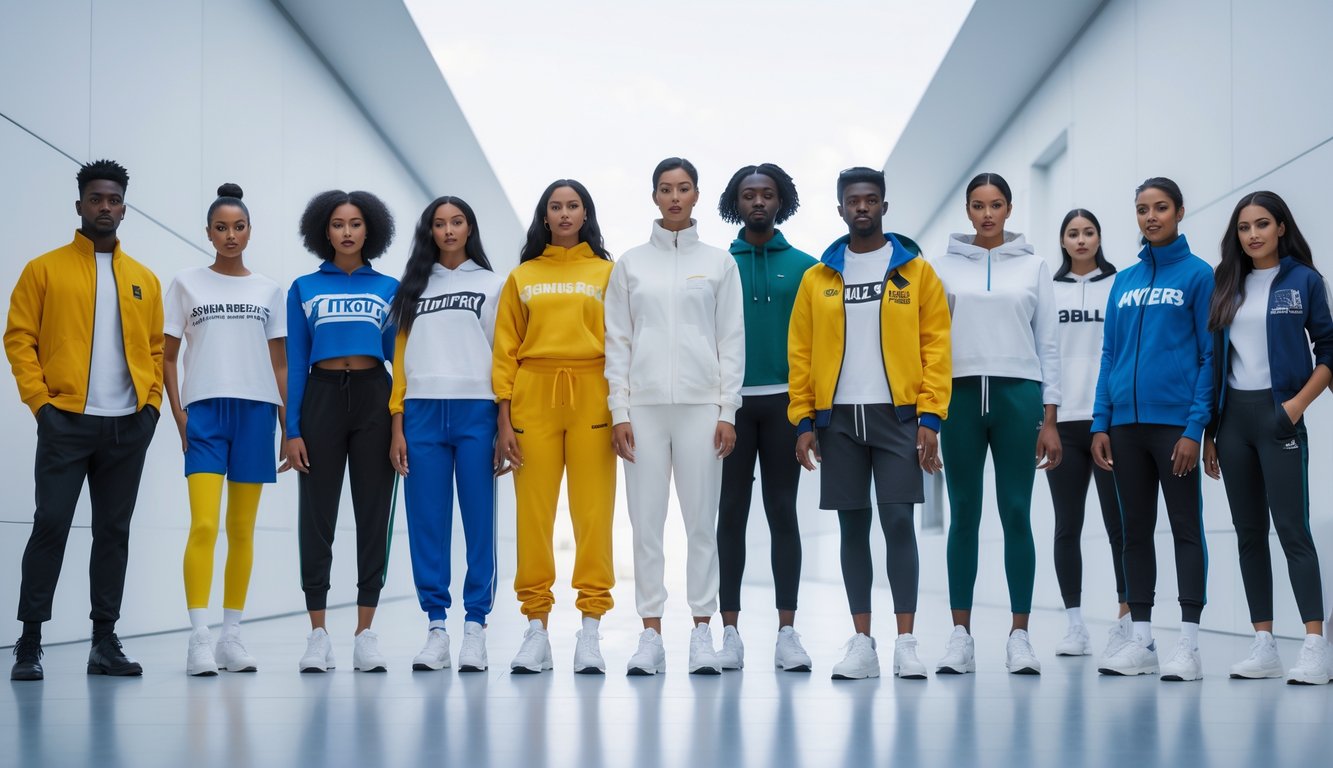 Sekelompok pria dan wanita beragam mengenakan berbagai jenis pakaian bermerek populer tahun 2026, berdiri di lingkungan perkotaan yang terang dan modern.