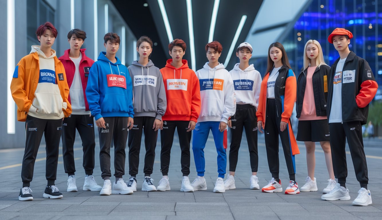 Sekelompok orang muda mengenakan berbagai jenis baju bermerek asli yang sedang tren, berpose di lingkungan perkotaan modern.