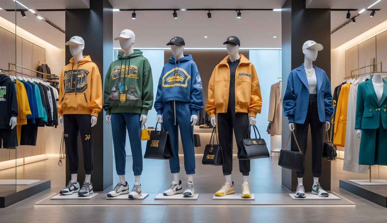 Beberapa mannequin dan model mengenakan berbagai jenis pakaian branded premium, dari streetwear kasual hingga busana mewah, di dalam butik modern yang terang.