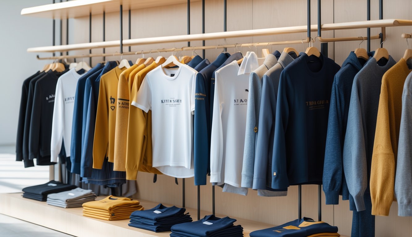 Berbagai jenis pakaian bermerek disusun rapi di toko pakaian dengan pencahayaan terang dan latar belakang minimalis.