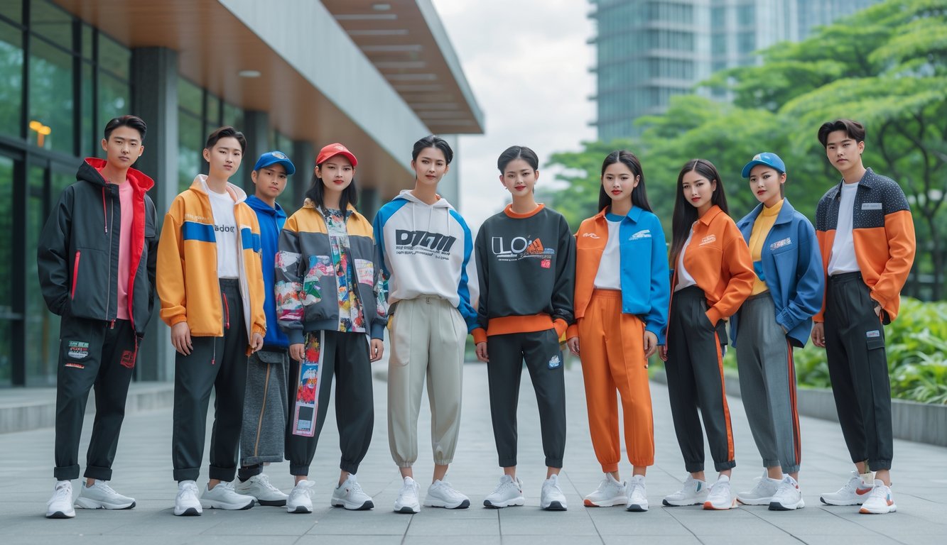 Sekelompok orang muda memakai berbagai jenis baju bermerek lokal dan internasional sedang berdiri di luar ruangan dengan latar kota modern.