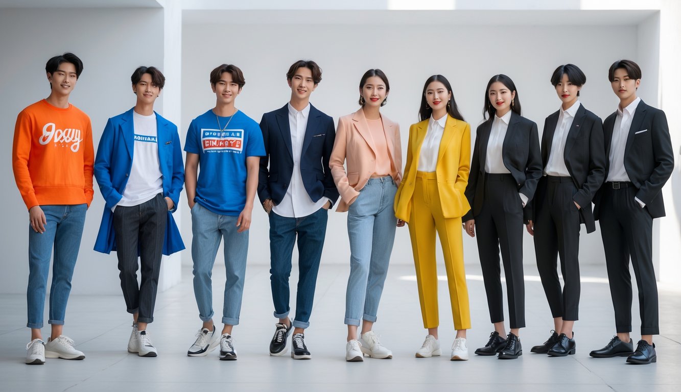 Sekelompok orang muda mengenakan pakaian kasual dan formal di lingkungan kota yang modern.