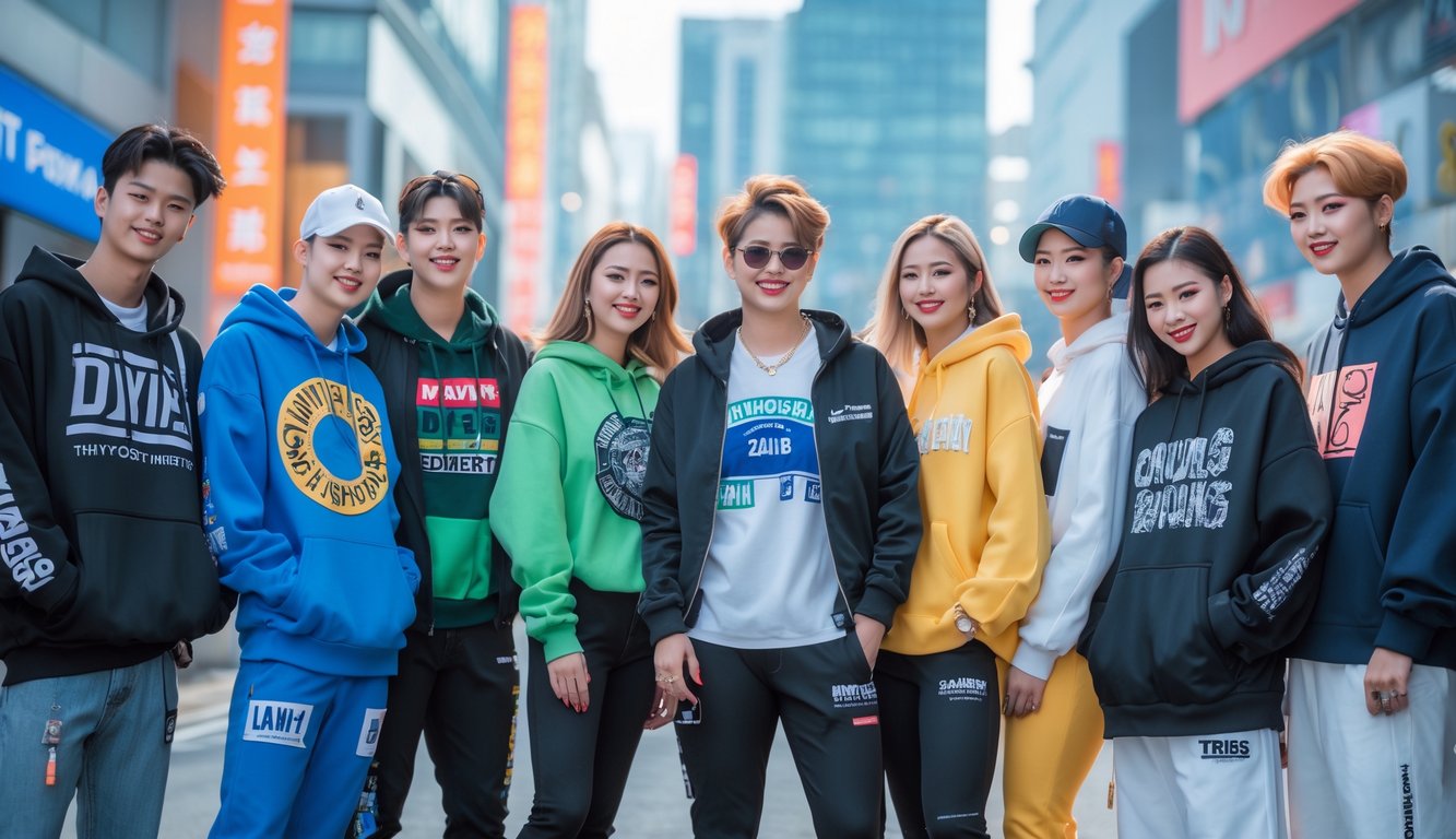 Sekelompok orang berpenampilan modis mengenakan berbagai jenis pakaian bermerek di lingkungan perkotaan yang modern.