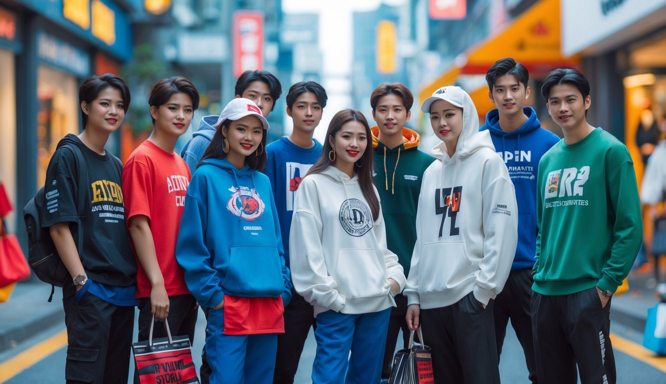 Sekelompok orang muda memakai berbagai jenis pakaian bermerek populer di luar ruangan di kota.