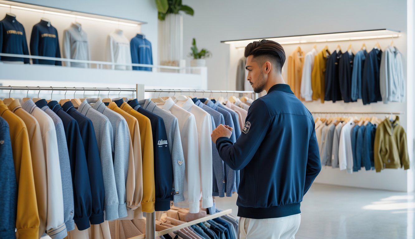 Seorang pembeli sedang memilih pakaian bermerek berkualitas di toko pakaian yang rapi dan terang.