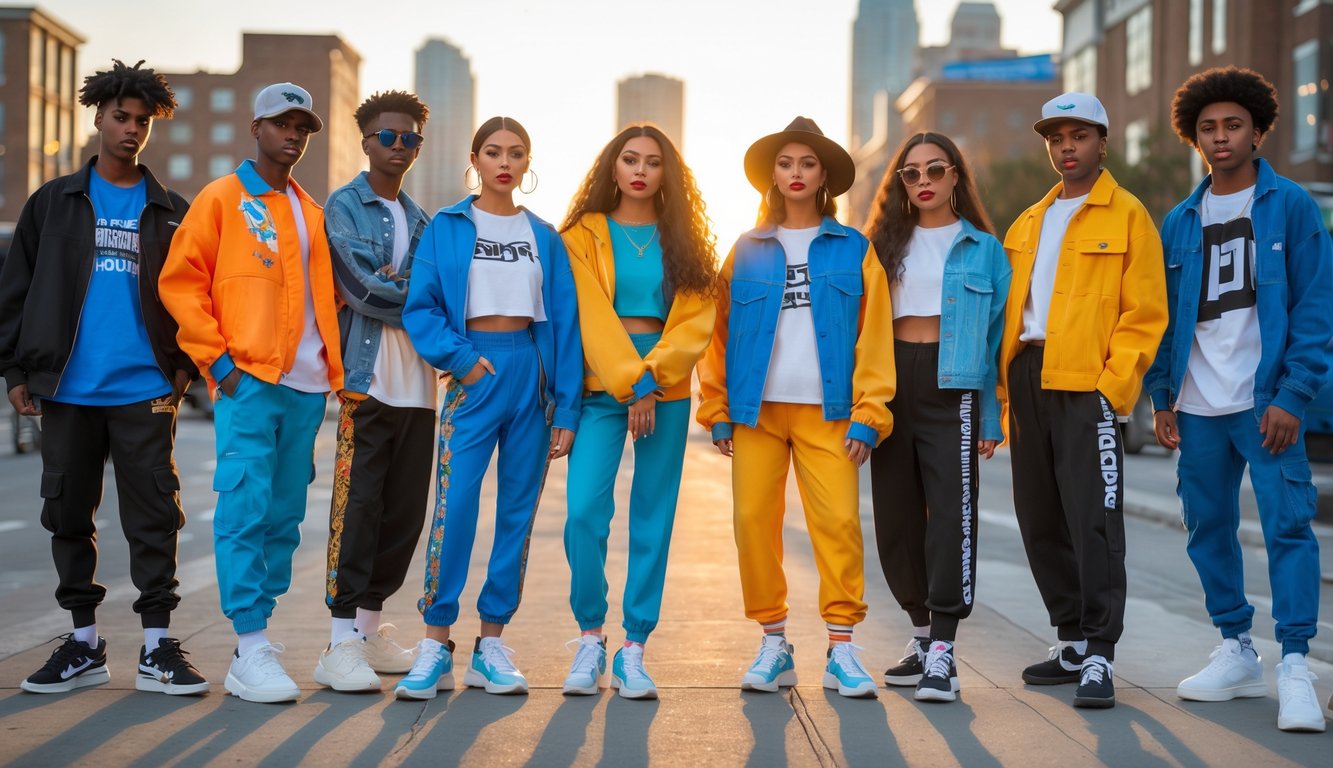 Sepuluh anak muda beragam berpose di luar ruangan mengenakan pakaian modis terbaru dengan latar kota.