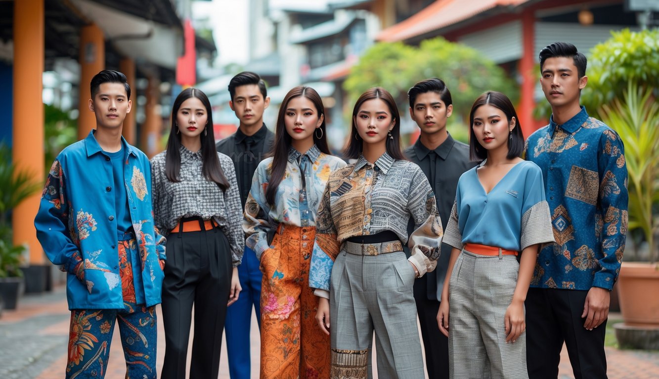 Sekelompok orang muda mengenakan pakaian modis dengan motif Indonesia sedang berpose di luar ruangan di lingkungan perkotaan.