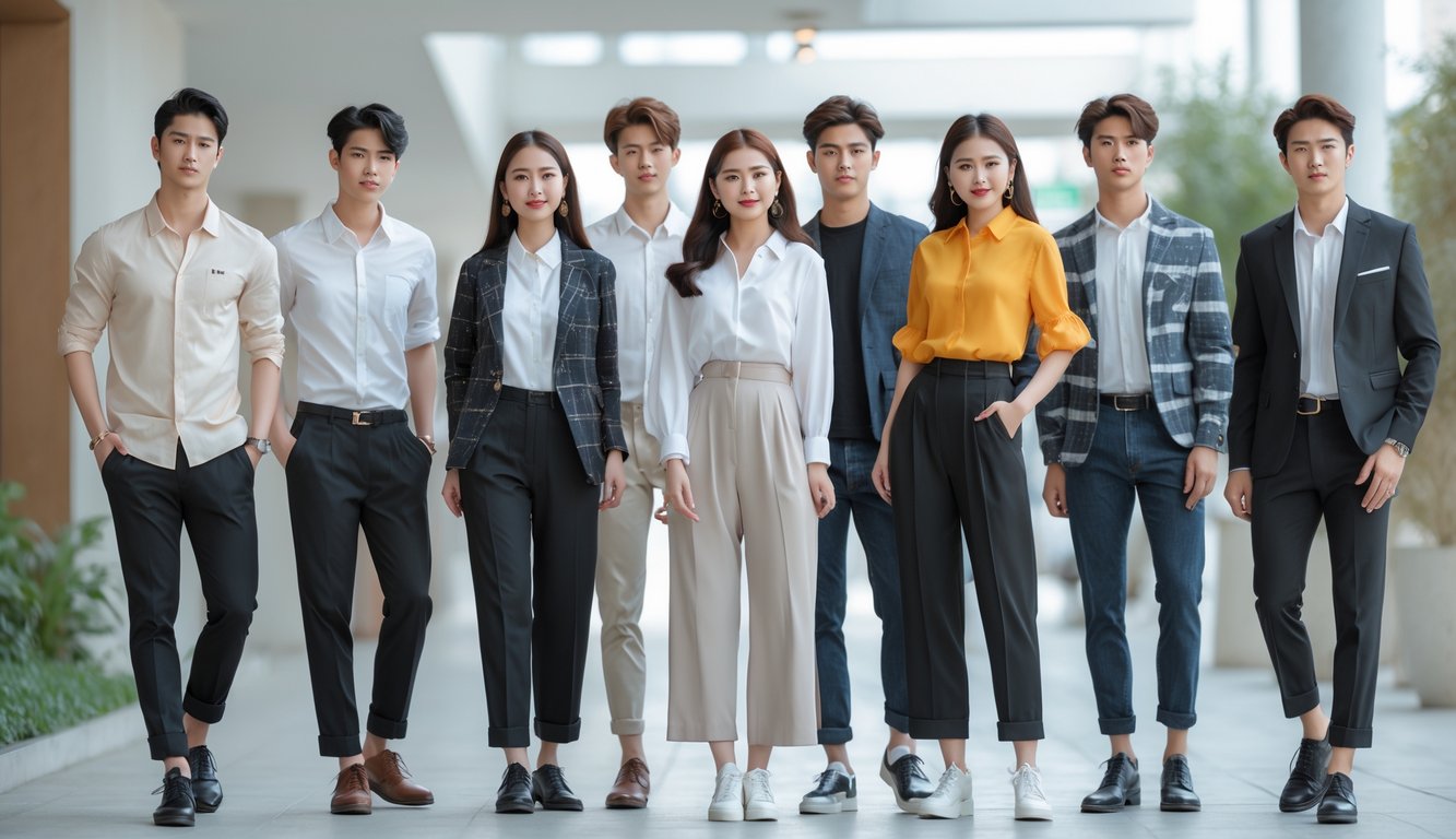 Sekelompok orang muda mengenakan pakaian modis dari kasual hingga formal di lingkungan perkotaan modern.