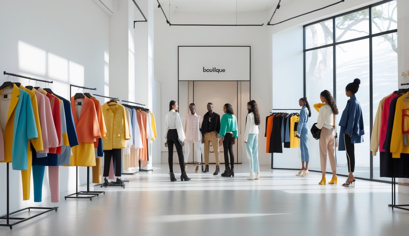 Toko pakaian modis dengan berbagai koleksi baju yang ditampilkan di dalam ruangan terang dan modern, dengan beberapa orang sedang melihat-lihat pakaian.