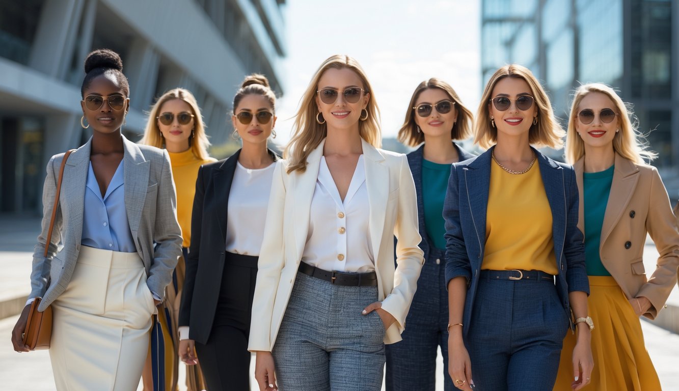 Sekelompok wanita modis berdiri di luar ruangan dengan latar arsitektur modern, mengenakan pakaian trendi dan bergaya.
