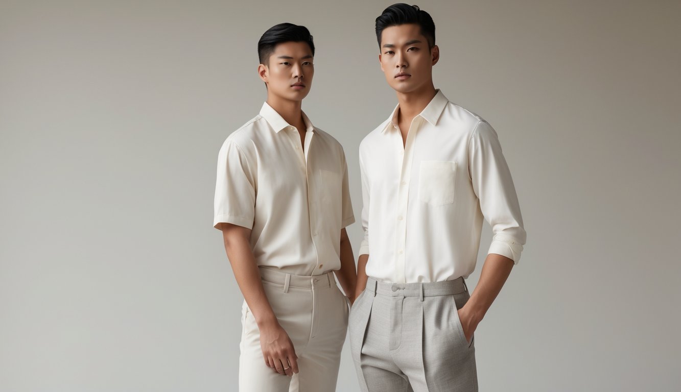 Seorang pria berdiri dengan pakaian kasual sederhana dan stylish di latar belakang polos.