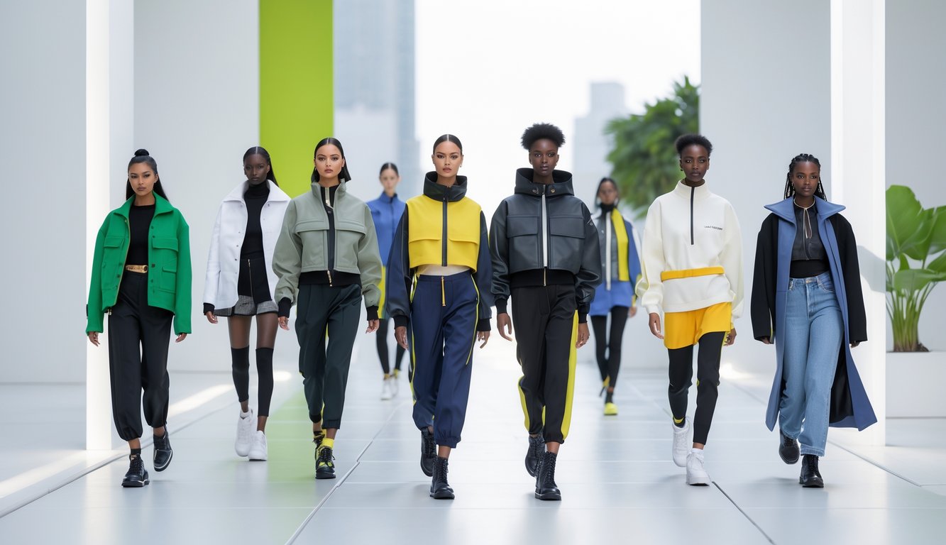 Beberapa orang mengenakan pakaian modis terbaru di lingkungan kota yang cerah dan minimalis.