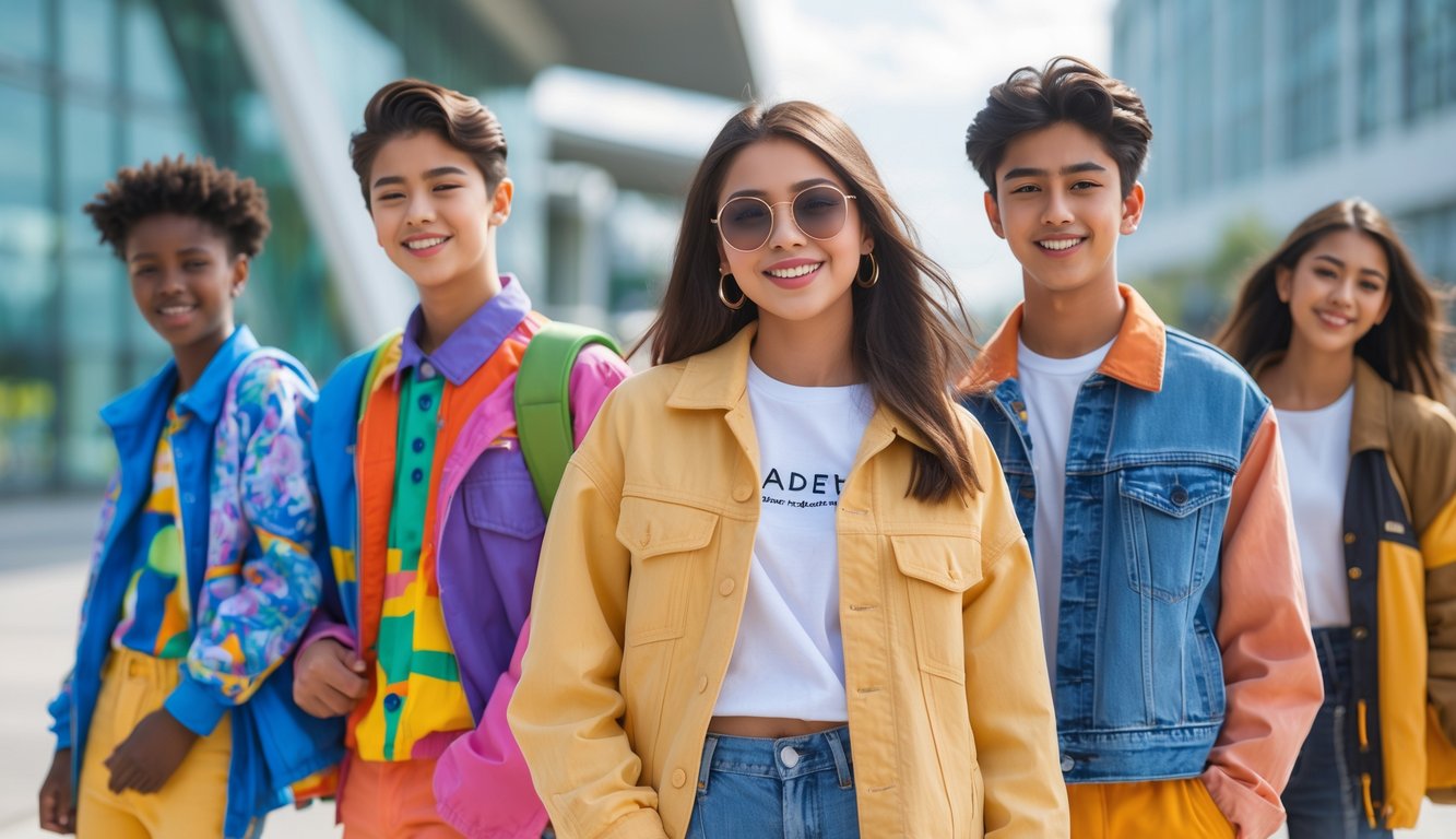 Remaja beragam etnis dan jenis kelamin sedang berpose percaya diri dengan pakaian modis di lingkungan perkotaan yang cerah.