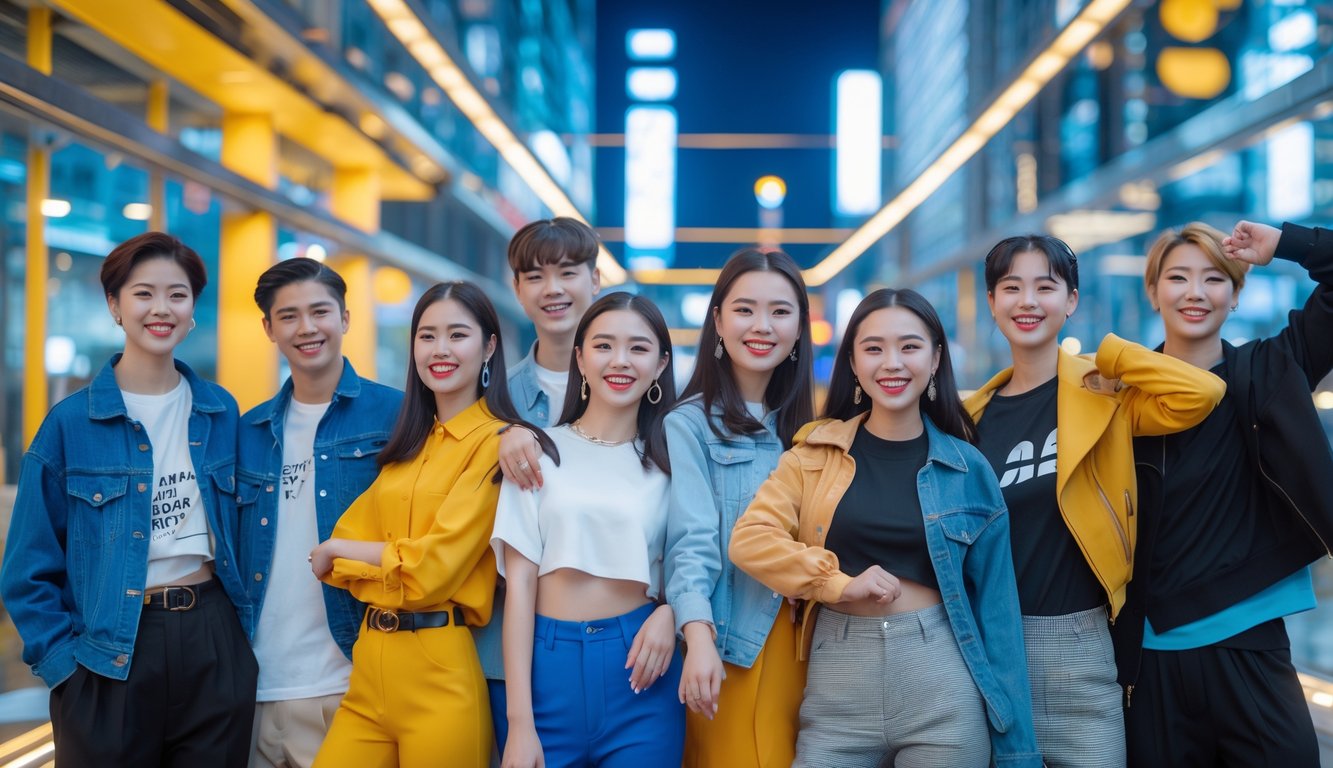 Sekelompok orang muda mengenakan pakaian modis tahun 2026 berpose di latar kota dengan lampu dan bangunan modern.