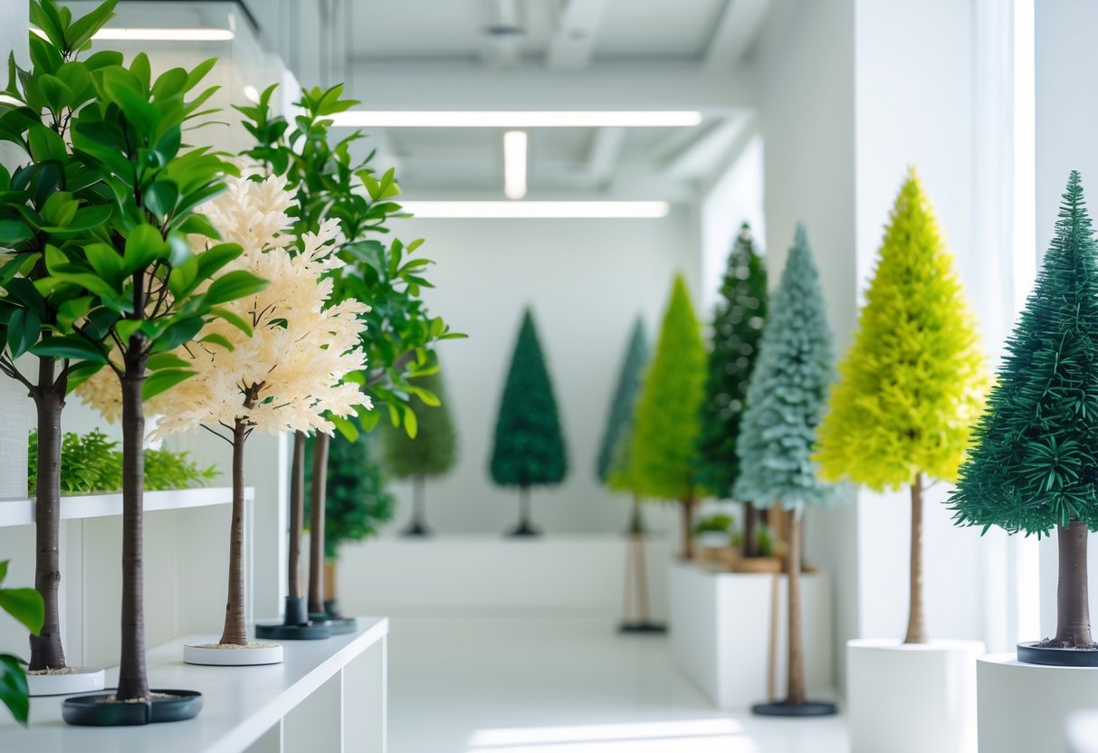 A selection of small to medium-sized artificial trees displayed on shelves in a bright retail store.