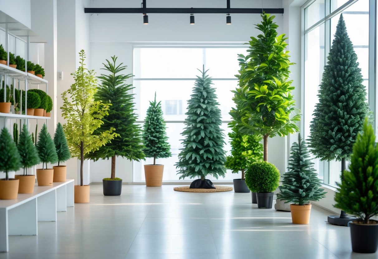 A display of various artificial trees arranged indoors with natural light highlighting their green leaves and realistic appearance.