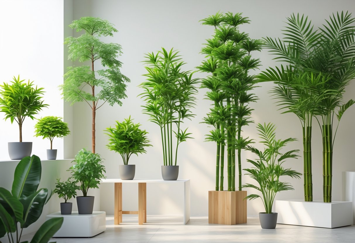 A collection of different artificial trees displayed indoors on shelves and stands with green leaves and a clean background.