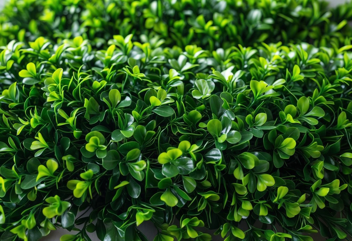 Close-up of dense green artificial boxwood leaves arranged neatly.
