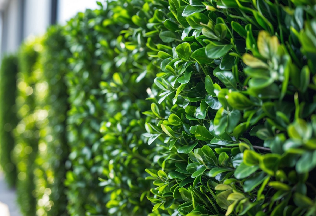 Close-up of a dense artificial boxwood hedge with green leaves under natural light.