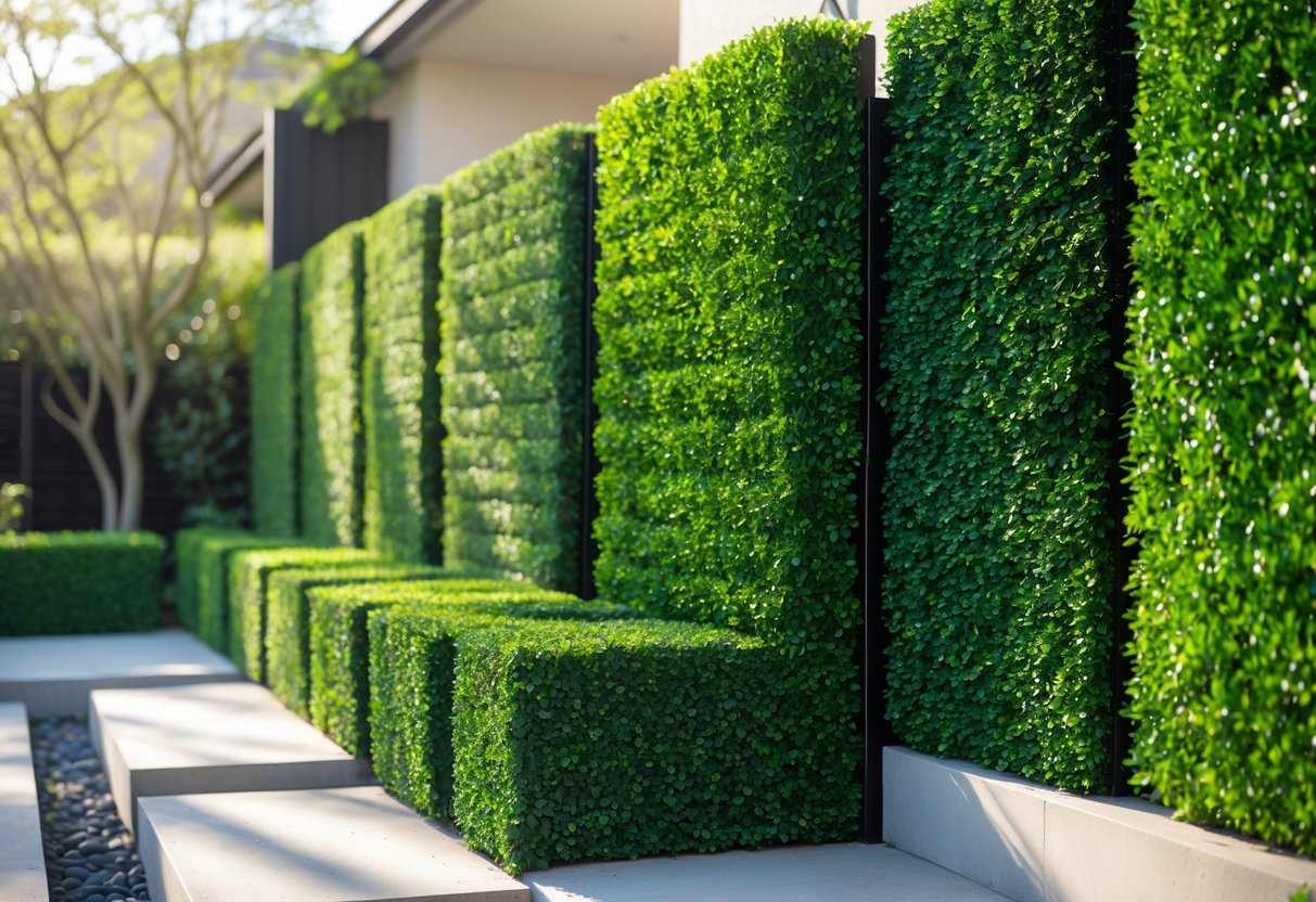 Neatly trimmed artificial boxwood hedges and panels arranged in a garden with a stone pathway and soft sunlight.