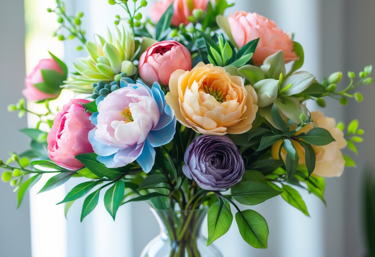 A clear glass vase holding a colourful bouquet of artificial silk flowers with green leaves on a softly lit neutral background.