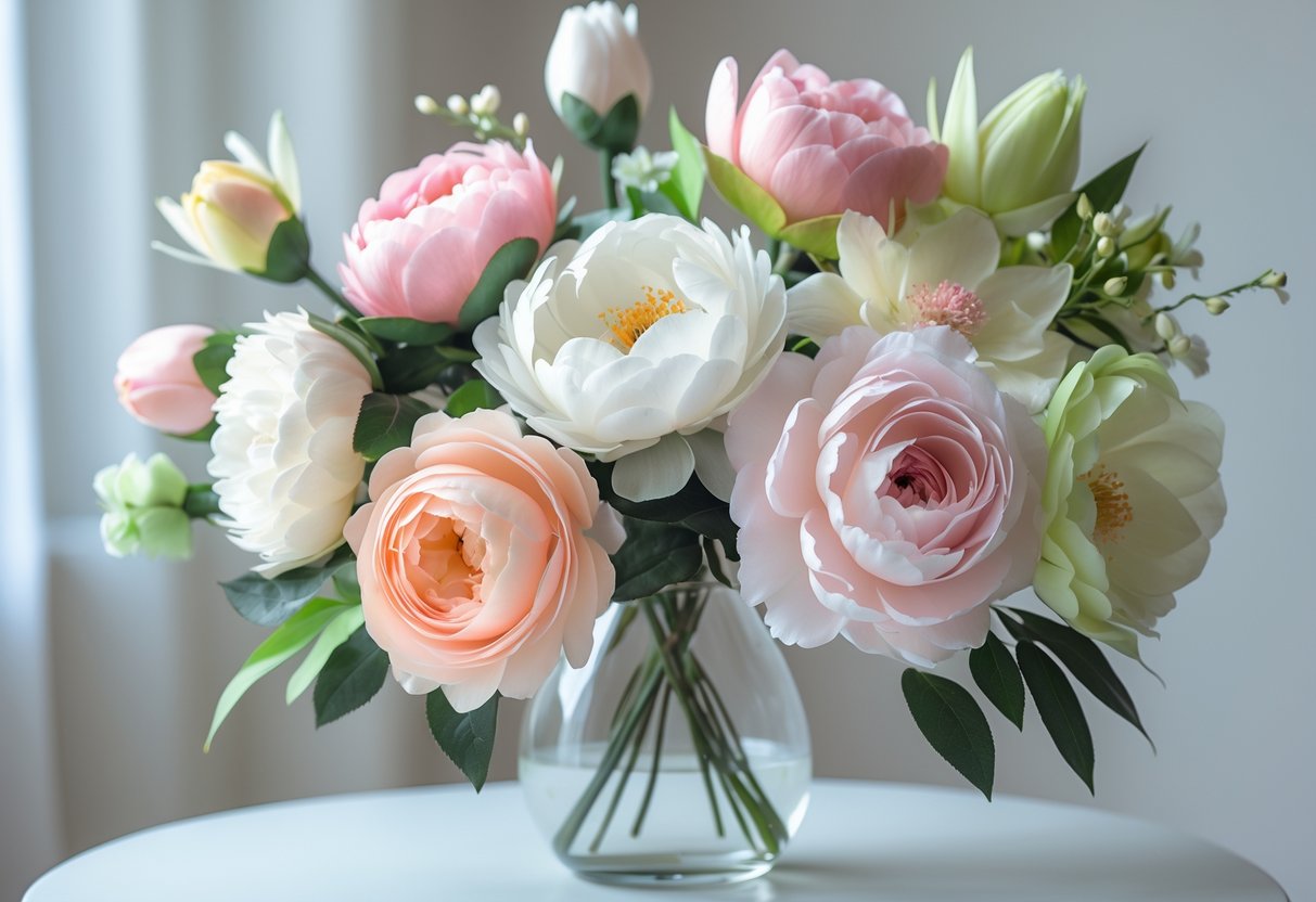 Close-up of an arrangement of colourful artificial silk flowers in a clear glass vase on a white surface.