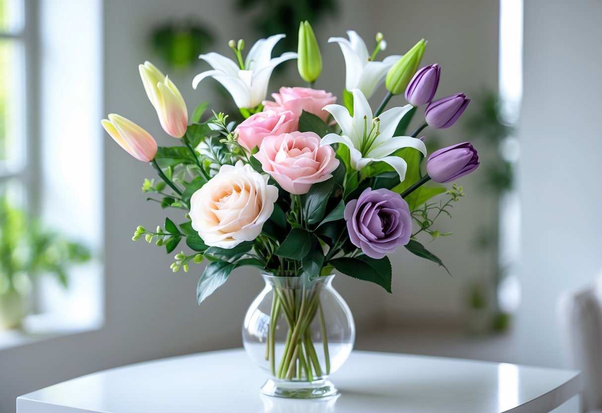 A vibrant bouquet of artificial silk flowers in a glass vase on a white table with a softly blurred interior background.