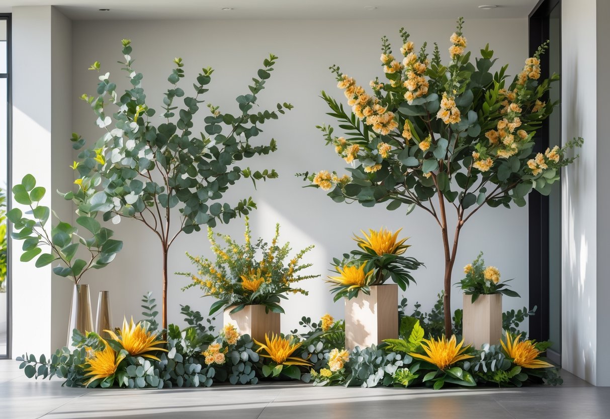 A variety of artificial Australian plants including eucalyptus branches, wattle blossoms, and gum trees arranged indoors.
