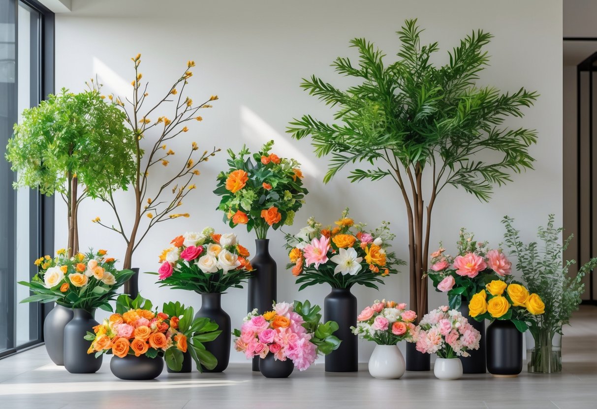 A display of artificial flower arrangements, artificial trees, and branches arranged indoors with natural lighting.