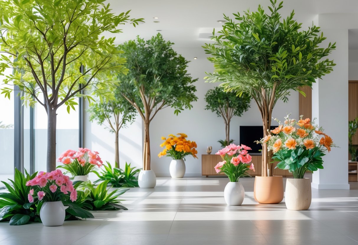 A bright indoor space with artificial trees and colourful artificial flower arrangements in pots and vases.